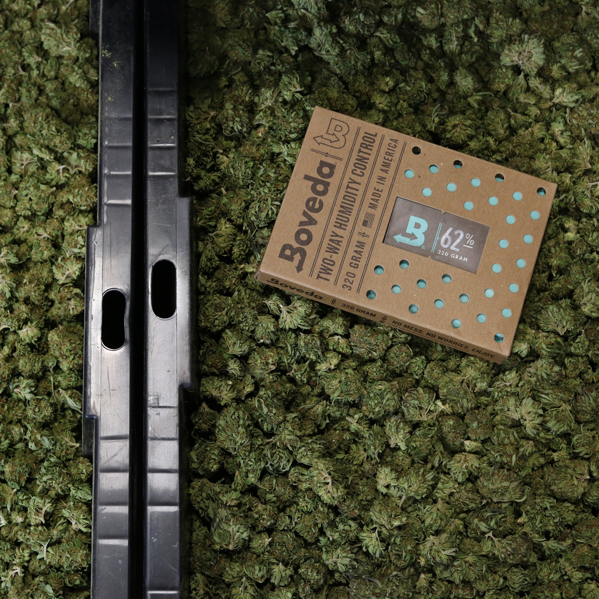 Size 320 Boveda sitting in a tubby full of cannabis.