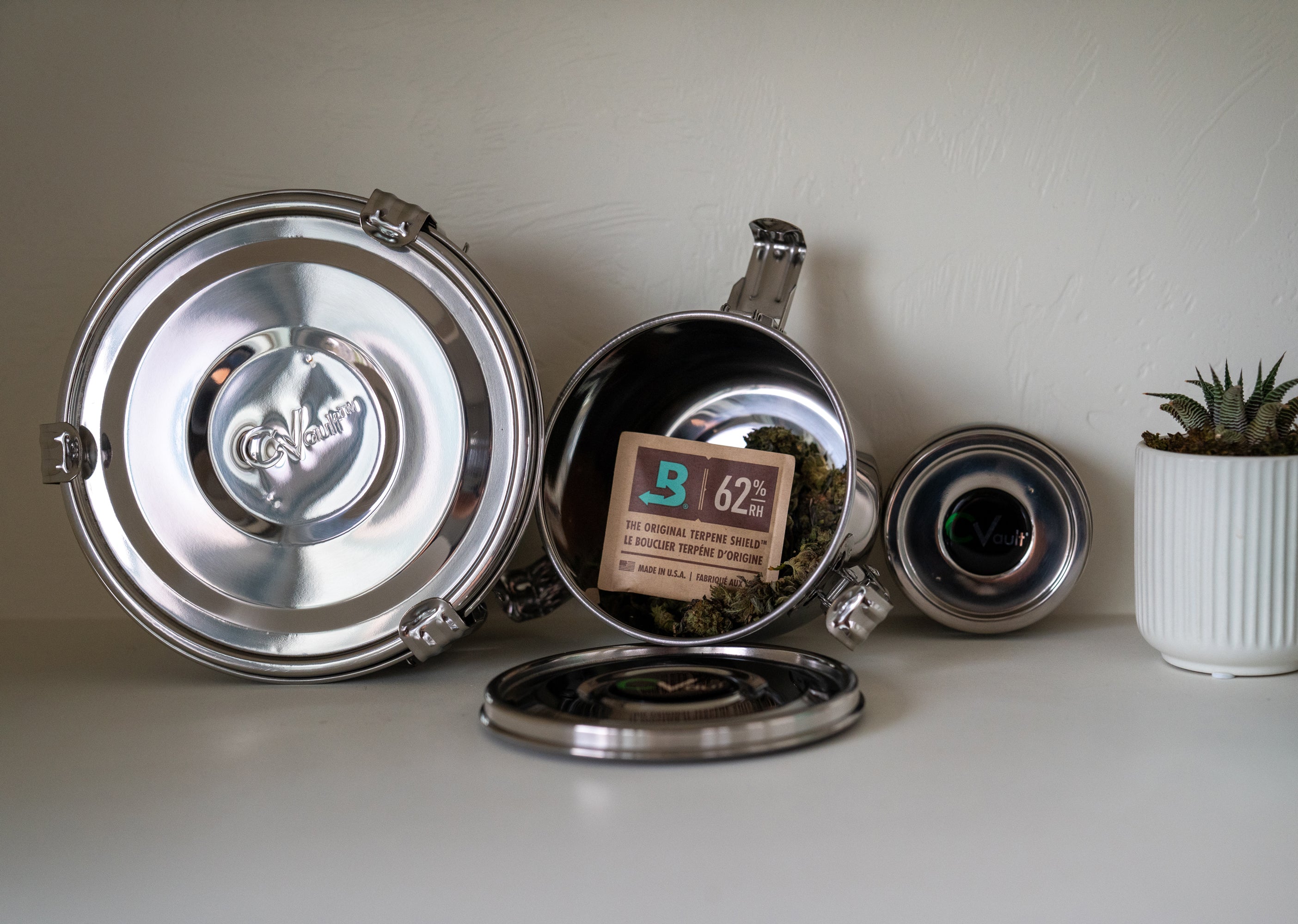 2-Liter CVault and Boveda sitting on a shelf