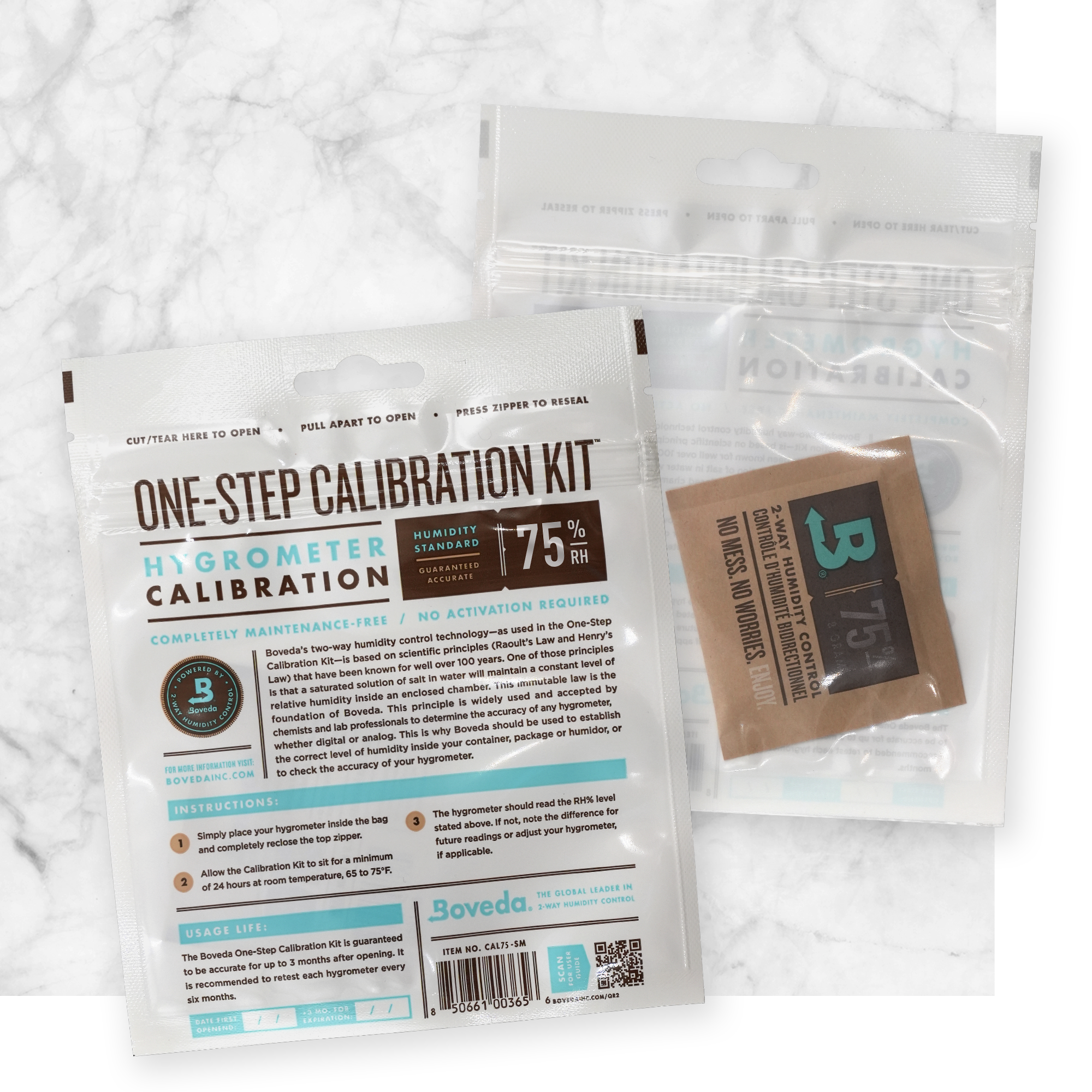 Boveda 75% RH One-Step Calibration kit, front and back of bag