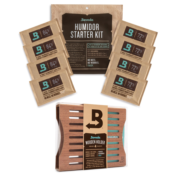 Limited-Edition! Deluxe Set: Boveda 100-Count Humidor Starter Kit + Wood Holder